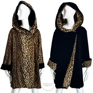 Vintage Faux Leopard Swing Jacket or Coat Reversible Huge Shawl Collar Hood 90s